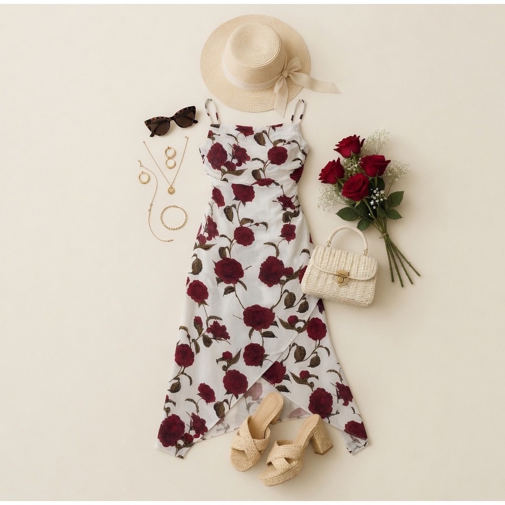 White Floral Midi‎ Dress With Rose Print.
